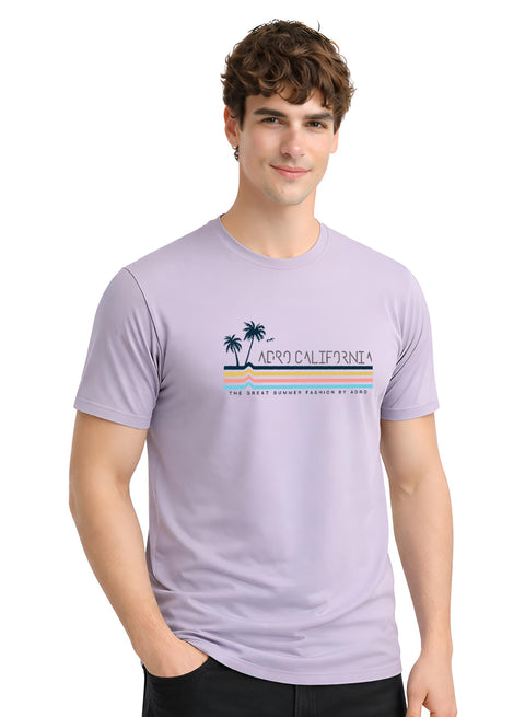 Adro Mens California Graphic T-Shirt | Retro Stripe Print Cotton Summer Tshirt | Stylish Beach T shirt | Comfortable Graphic Tee Lilac Grey