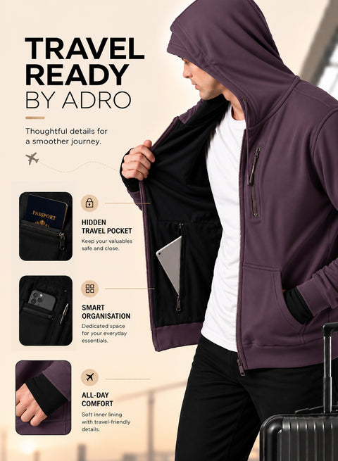 Adro Travel Hoodie for Men | Mens Multi Utility Zipper Hoodies| 320 GSM Soft Cotton |Men's Winter Sweatshirt | Waterproof Pockets Zip-Up Jacket with Hood Eye Shade | Lilac