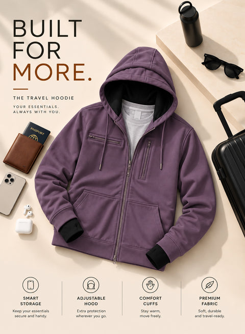 Adro Travel Hoodie for Men | Mens Multi Utility Zipper Hoodies| 320 GSM Soft Cotton |Men's Winter Sweatshirt | Waterproof Pockets Zip-Up Jacket with Hood Eye Shade | Lilac