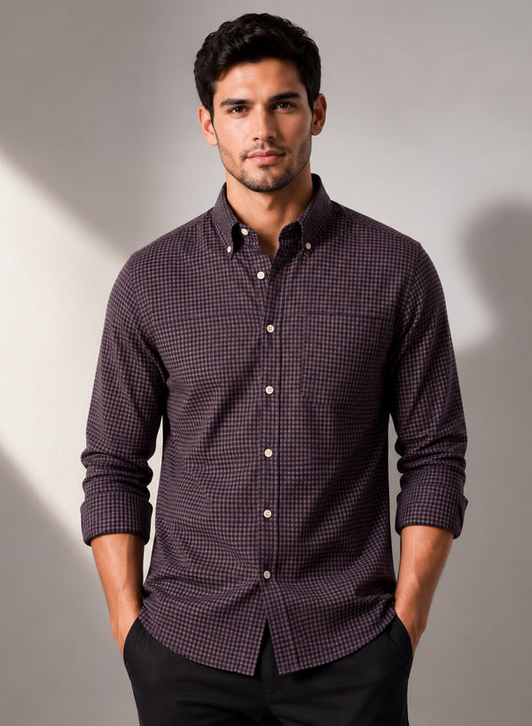 ADRO Men's Dusty Plum Micro Check Slim Fit Casual Shirt