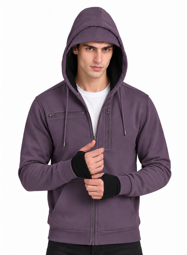 Adro Travel Hoodie for Men | Mens Multi Utility Zipper Hoodies| 320 GSM Soft Cotton |Men's Winter Sweatshirt | Waterproof Pockets Zip-Up Jacket with Hood Eye Shade | Lilac