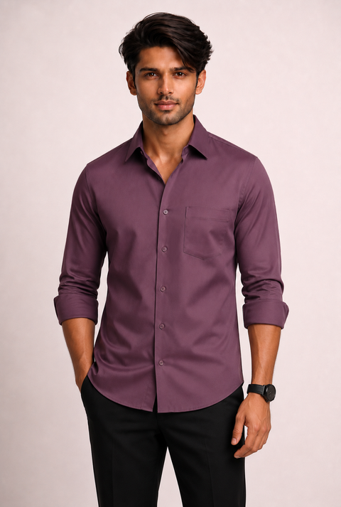 ADRO Premium Cotton Satin Shirt for Men | Casual Fit Solid Full Sleeve Shirt in Dusty Mauve