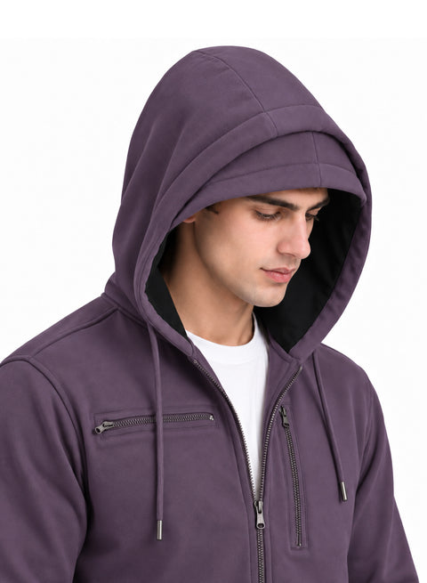 Adro Travel Hoodie for Men | Mens Multi Utility Zipper Hoodies| 320 GSM Soft Cotton |Men's Winter Sweatshirt | Waterproof Pockets Zip-Up Jacket with Hood Eye Shade | Lilac