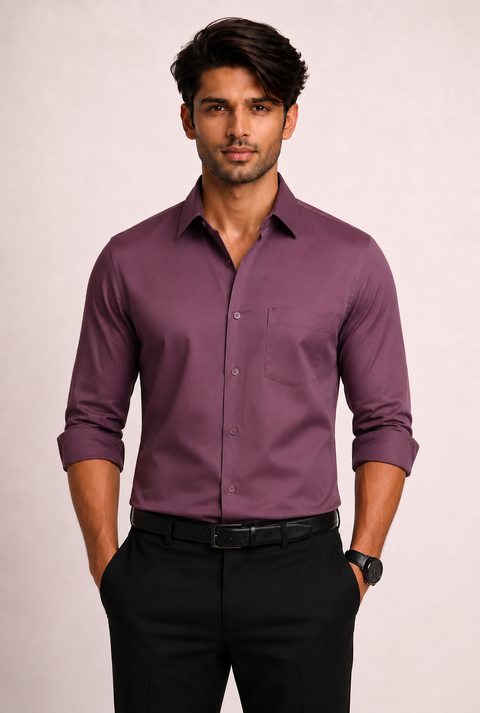 ADRO Premium Cotton Satin Shirt for Men | Casual Fit Solid Full Sleeve Shirt in Dusty Mauve