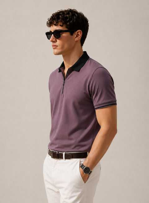 Mens Premium Cotton Polo T-Shirt | 220 GSM Soft Fabric | Casual stylish Look | Zipper Polo Design Polo T shirt | Polo Tshirt for All-Day Wear | Black Plum