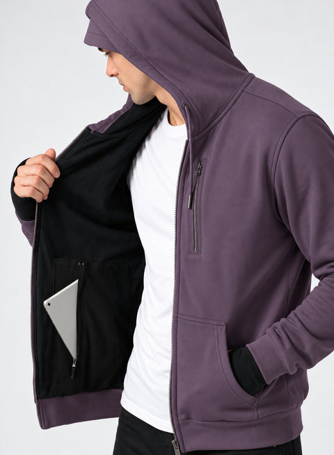 Adro Travel Hoodie for Men | Mens Multi Utility Zipper Hoodies| 320 GSM Soft Cotton |Men's Winter Sweatshirt | Waterproof Pockets Zip-Up Jacket with Hood Eye Shade | Lilac