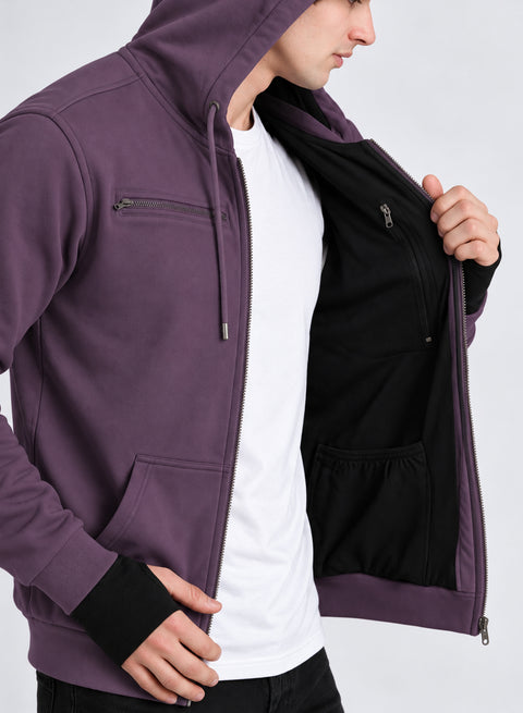 Adro Travel Hoodie for Men | Mens Multi Utility Zipper Hoodies| 320 GSM Soft Cotton |Men's Winter Sweatshirt | Waterproof Pockets Zip-Up Jacket with Hood Eye Shade | Lilac