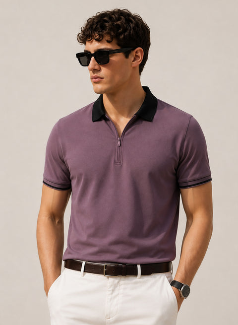 Mens Premium Cotton Polo T-Shirt | 220 GSM Soft Fabric | Casual stylish Look | Zipper Polo Design Polo T shirt | Polo Tshirt for All-Day Wear | Black Plum