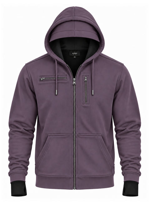 Adro Travel Hoodie for Men | Mens Multi Utility Zipper Hoodies| 320 GSM Soft Cotton |Men's Winter Sweatshirt | Waterproof Pockets Zip-Up Jacket with Hood Eye Shade | Lilac