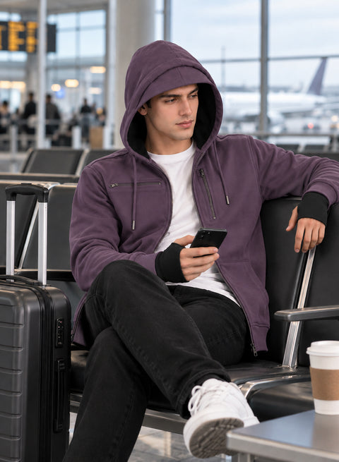 Adro Travel Hoodie for Men | Mens Multi Utility Zipper Hoodies| 320 GSM Soft Cotton |Men's Winter Sweatshirt | Waterproof Pockets Zip-Up Jacket with Hood Eye Shade | Lilac