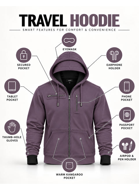 Adro Travel Hoodie for Men | Mens Multi Utility Zipper Hoodies| 320 GSM Soft Cotton |Men's Winter Sweatshirt | Waterproof Pockets Zip-Up Jacket with Hood Eye Shade | Lilac