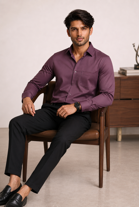 ADRO Premium Cotton Satin Shirt for Men | Casual Fit Solid Full Sleeve Shirt in Dusty Mauve