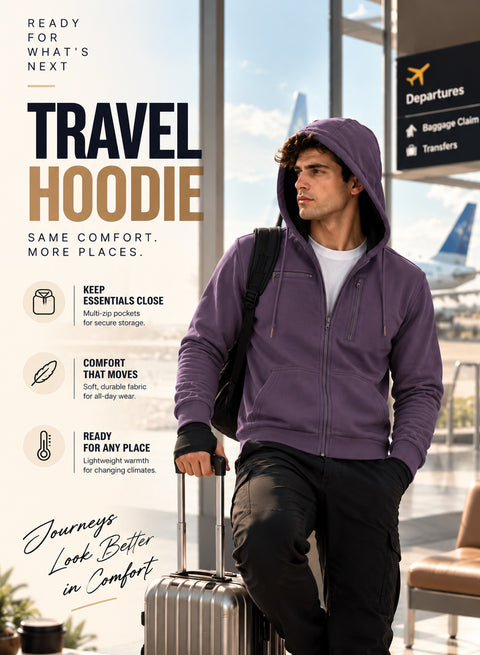 Adro Travel Hoodie for Men | Mens Multi Utility Zipper Hoodies| 320 GSM Soft Cotton |Men's Winter Sweatshirt | Waterproof Pockets Zip-Up Jacket with Hood Eye Shade | Lilac
