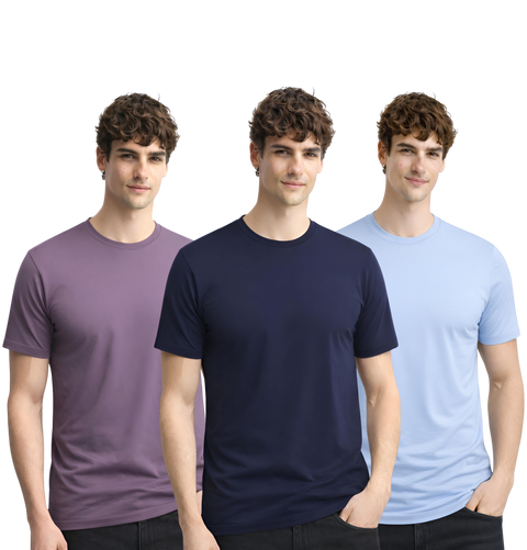 Men’s Cotton T-Shirt Combo Pack of 3 | Regular Fit | ADRO Basics Lilac, Navy Blue, Sky Blue