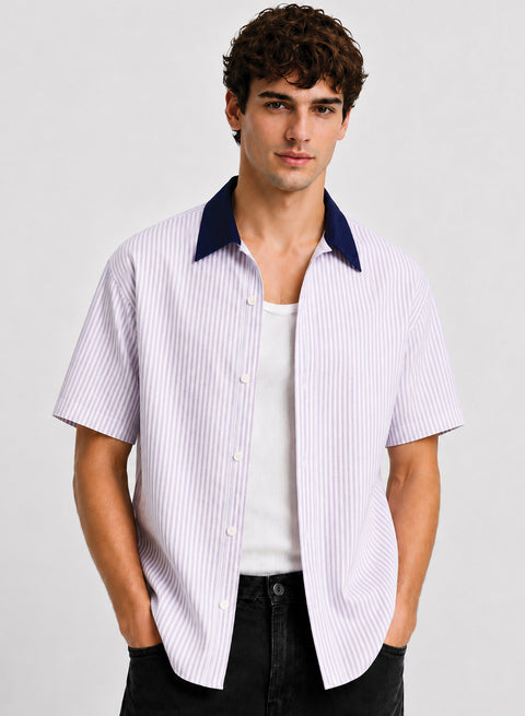 ADRO Harbor Stripe Half Sleeve Striped Shirt for Men | Cotton Blend Casual Shirts | Relaxed Fit Contrast Collar Summer Wear | Lavender