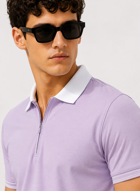 Mens Premium Cotton Polo T-Shirt | 220 GSM Soft Fabric | Casual stylish Look | Zipper Polo Design Polo T shirt | Polo Tshirt for All-Day Wear | Lavender