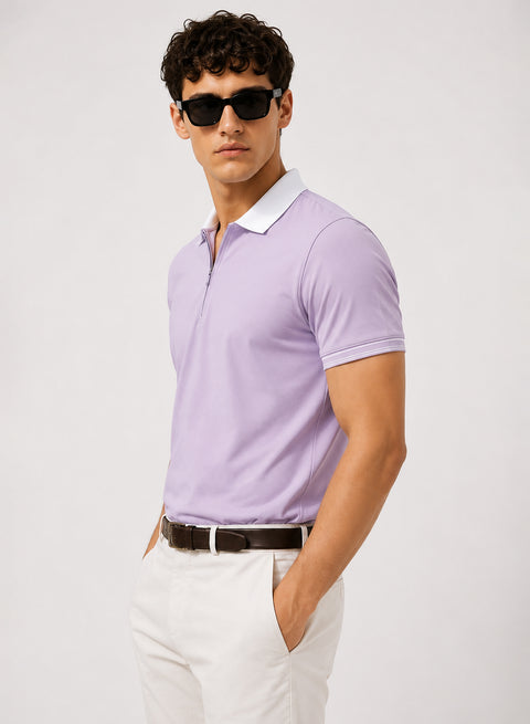 Mens Premium Cotton Polo T-Shirt | 220 GSM Soft Fabric | Casual stylish Look | Zipper Polo Design Polo T shirt | Polo Tshirt for All-Day Wear | Lavender