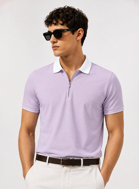Mens Premium Cotton Polo T-Shirt | 220 GSM Soft Fabric | Casual stylish Look | Zipper Polo Design Polo T shirt | Polo Tshirt for All-Day Wear | Lavender