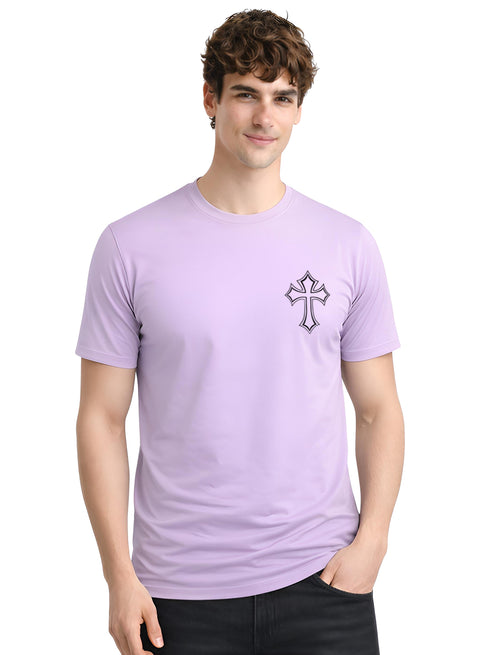 Adro Mens Cross Printed T-Shirt | Minimal Chest Graphic Cotton Casual Tshirt | Trendy Stylish Comfortable Regular Fit T shirt for Men Lavender