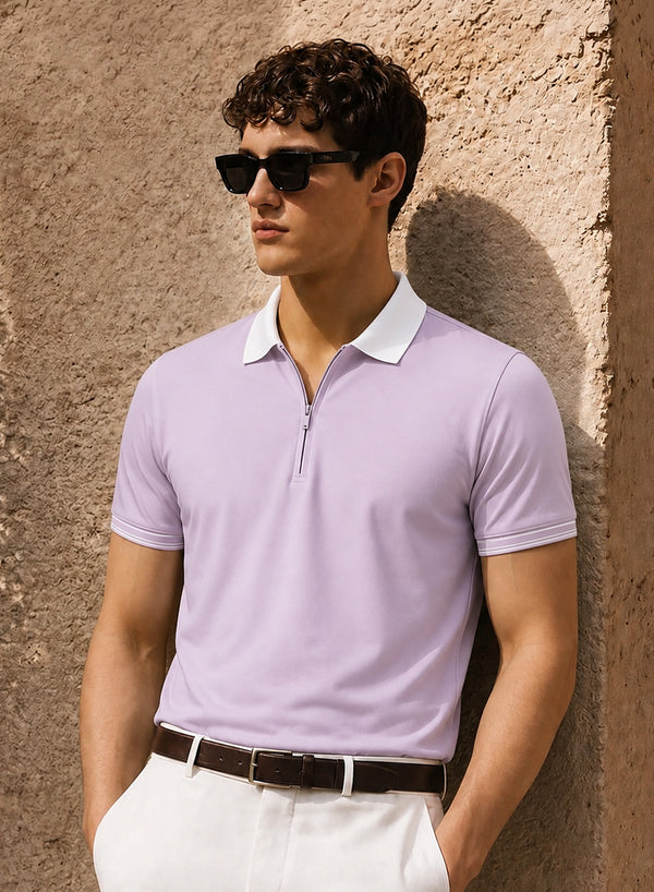 Mens Premium Cotton Polo T-Shirt | 220 GSM Soft Fabric | Casual stylish Look | Zipper Polo Design Polo T shirt | Polo Tshirt for All-Day Wear | Lavender