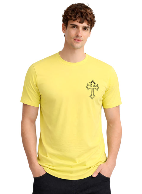Adro Mens Cross Printed T-Shirt | Minimal Chest Graphic Cotton Casual Tshirt | Trendy Stylish Comfortable Regular Fit T shirt for Men Light Yellow