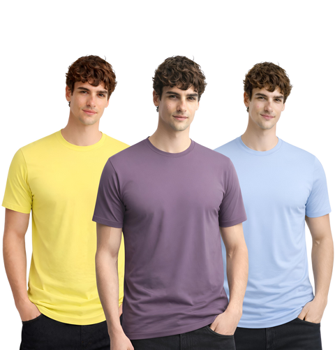 Men’s Cotton T-Shirt Combo Pack of 3 | Regular Fit | ADRO Basics Light Yellow, Lilac, Sky Blue