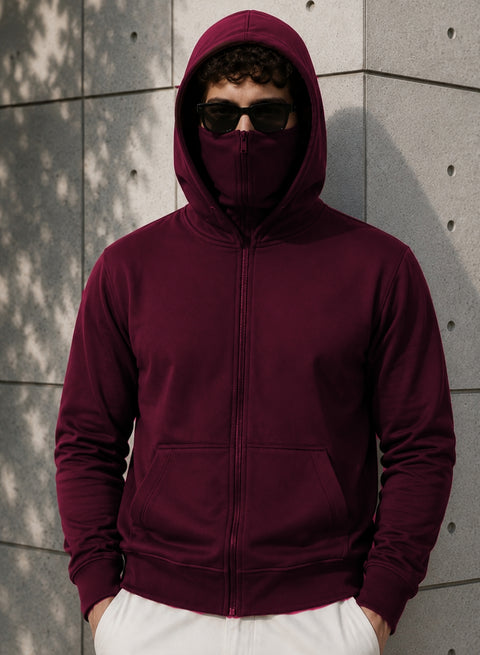 ADRO Balaclava Hoodie for Men | 300 GSM Cotton fleece Warm Fabric| Ski Mask Hooded Jacket for Men | Mens Hoodies with Gloves | Burgundy Maroon