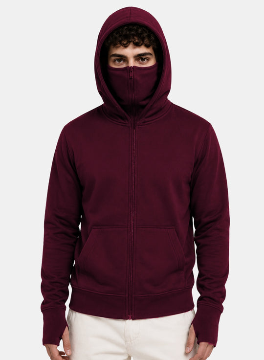 ADRO Balaclava Hoodie for Men | 300 GSM Cotton fleece Warm Fabric| Ski Mask Hooded Jacket for Men | Mens Hoodies with Gloves | Burgundy Maroon