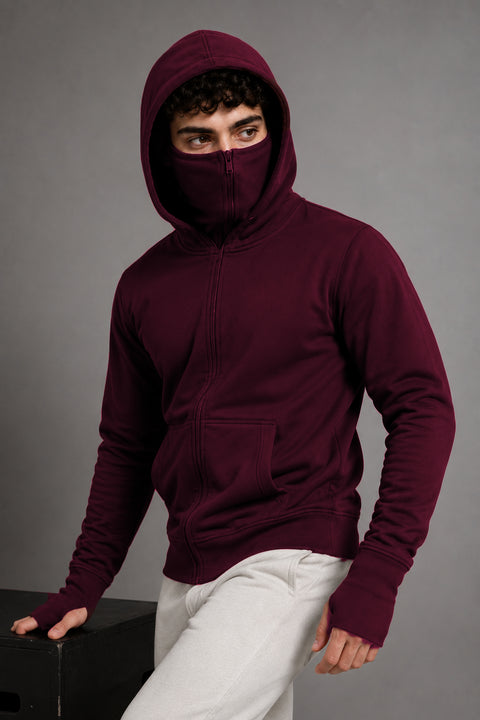 ADRO Balaclava Hoodie for Men | 300 GSM Cotton fleece Warm Fabric| Ski Mask Hooded Jacket for Men | Mens Hoodies with Gloves | Burgundy Maroon