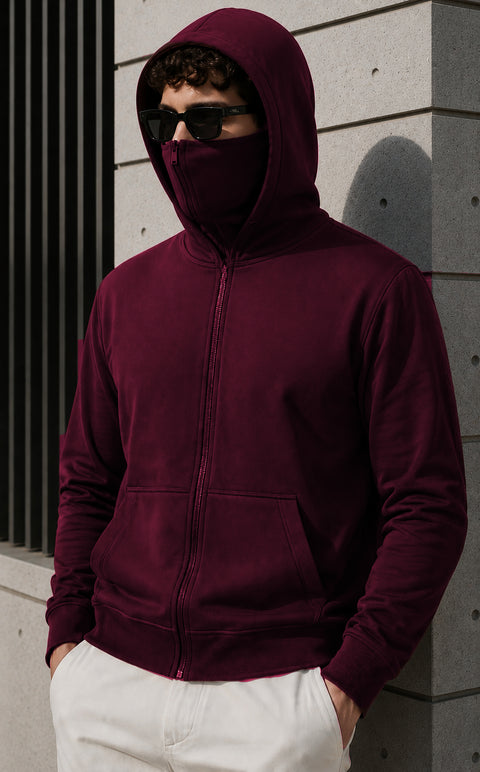 ADRO Balaclava Hoodie for Men | 300 GSM Cotton fleece Warm Fabric| Ski Mask Hooded Jacket for Men | Mens Hoodies with Gloves | Burgundy Maroon