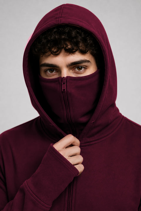 ADRO Balaclava Hoodie for Men | 300 GSM Cotton fleece Warm Fabric| Ski Mask Hooded Jacket for Men | Mens Hoodies with Gloves | Burgundy Maroon