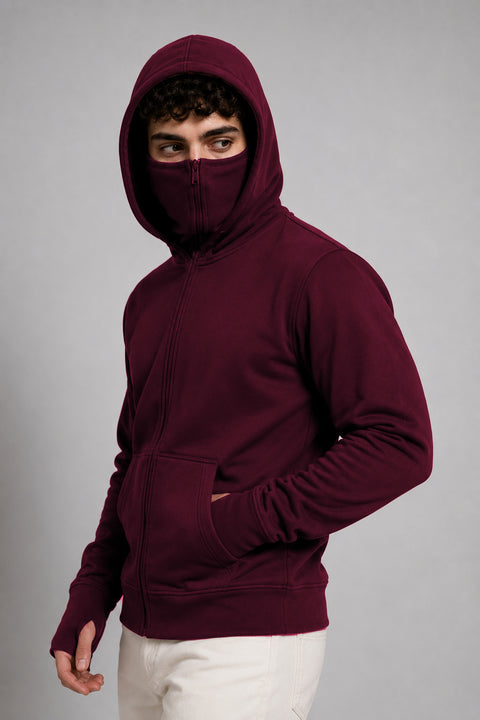 ADRO Balaclava Hoodie for Men | 300 GSM Cotton fleece Warm Fabric| Ski Mask Hooded Jacket for Men | Mens Hoodies with Gloves | Burgundy Maroon