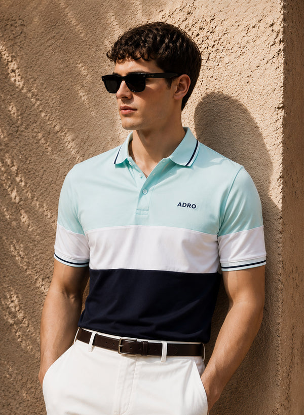Adro Multicolour Polo T Shirt | 100% Cotton Mens Polo Tshirt | Regular Fit Half Sleeve Cut & Sew Polo T-shirt for men  | Frosted Depths