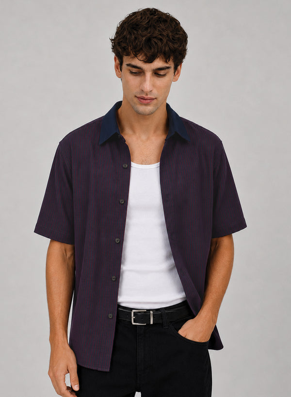 ADRO Harbor Stripe Half Sleeve Striped Shirt for Men | Cotton Blend Casual Shirts | Relaxed Fit Contrast Collar Summer Wear | Maroon