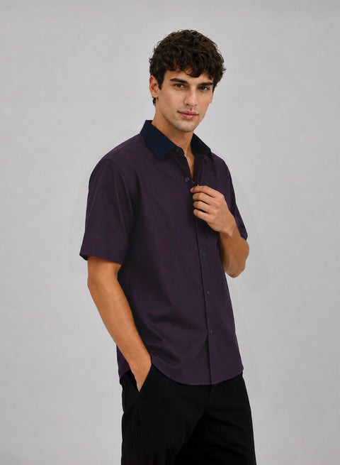 ADRO Harbor Stripe Half Sleeve Striped Shirt for Men | Cotton Blend Casual Shirts | Relaxed Fit Contrast Collar Summer Wear | Maroon
