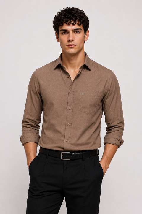 Men's Mocha Cotton Linen Shirt | Textured Casual Shirt