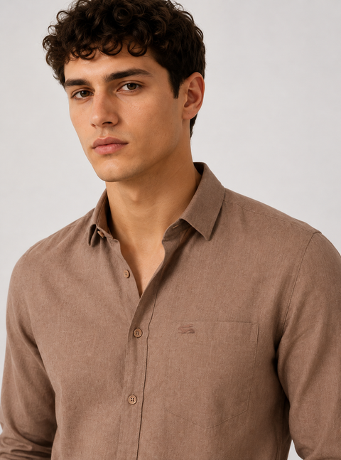 Men's Mocha Cotton Linen Shirt | Textured Casual Shirt