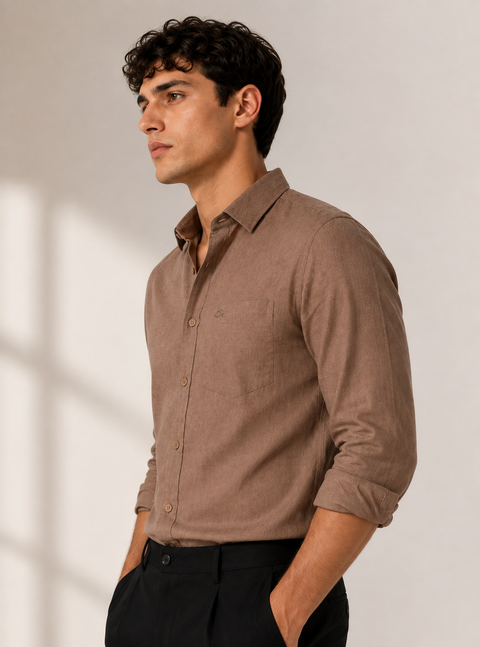 Men's Mocha Cotton Linen Shirt | Textured Casual Shirt