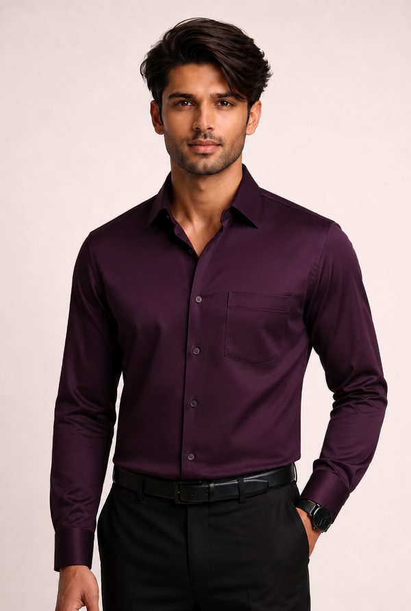 ADRO Premium Cotton Satin Shirt for Men | Casual Fit Solid Full Sleeve Shirt in Burgundy Wine