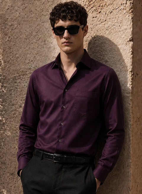 ADRO Premium Cotton Satin Shirt for Men | Casual Fit Solid Full Sleeve Shirt in Burgundy Wine Burgundy Wine