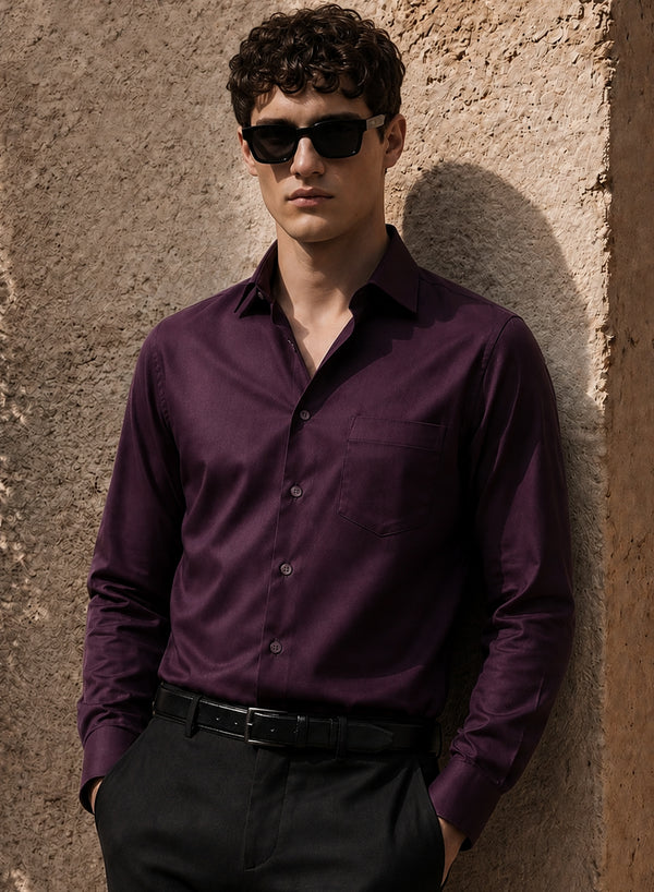 ADRO Premium Cotton Satin Shirt for Men | Casual Fit Solid Full Sleeve Shirt in Burgundy Wine
