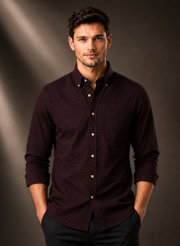 ADRO Men's Burgundy Wine Micro Check Slim Fit Casual Shirt