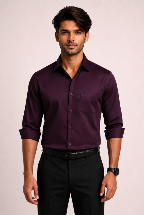 ADRO Premium Cotton Satin Shirt for Men | Casual Fit Solid Full Sleeve Shirt in Burgundy Wine