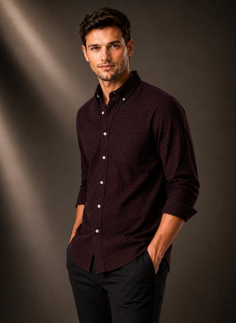 ADRO Men's Burgundy Wine Micro Check Slim Fit Casual Shirt
