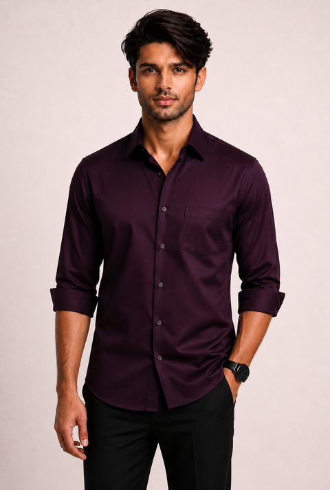 ADRO Premium Cotton Satin Shirt for Men | Casual Fit Solid Full Sleeve Shirt in Burgundy Wine