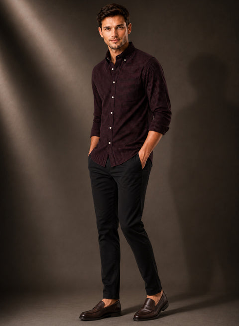 ADRO Men's Burgundy Wine Micro Check Slim Fit Casual Shirt