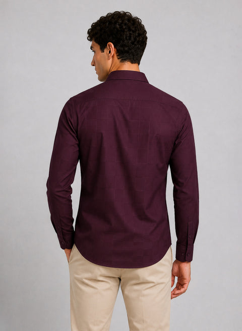 ADRO Men's Textured Windowpane Check Shirt - Burgundy