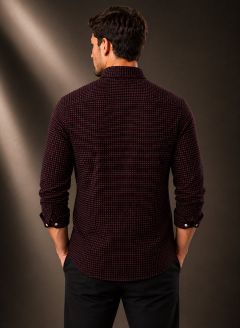 ADRO Men's Burgundy Wine Micro Check Slim Fit Casual Shirt