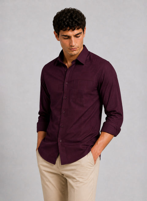 ADRO Men's Textured Windowpane Check Shirt - Burgundy