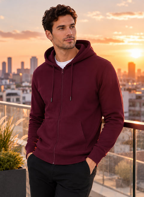ADRO Zipper Hoodie for Men | 300 GSM Cotton Hoodies | Regular Fit Jacket for Men with Pockets | Sweatshirts with Zipper for Men | Burgundy Maroon